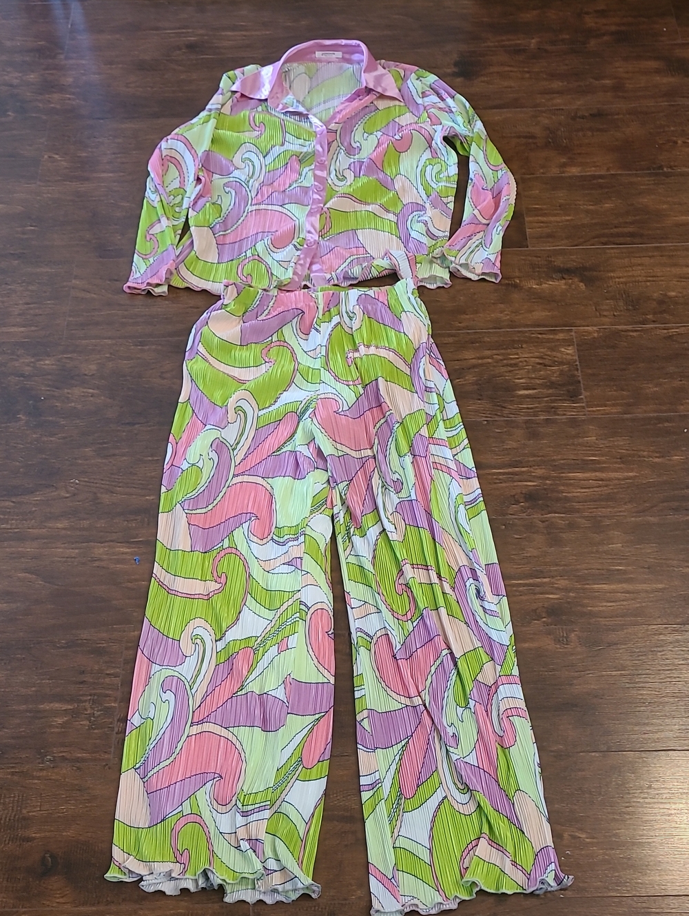 Peppermayo Pink & Green Swirl Pleated Wide-Leg 2 Ps Set Colorful Boho Sz 8